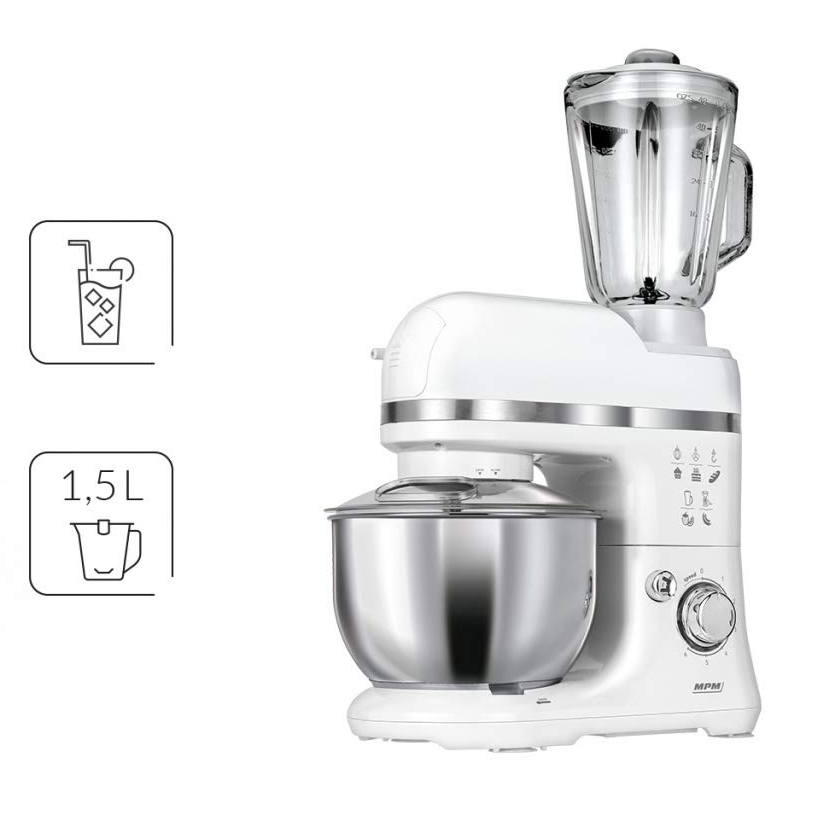 MPM MRK-15 Batidora Robot Cocina Orbital Profesional , Amasadora repostería, Picadora Carne, Batidora Vaso 1.5L, Velocidad electrónica, 4 litros, 1200W, Blanco