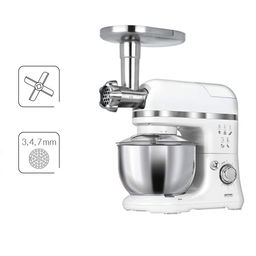 MPM MRK-15 Batidora Robot Cocina Orbital Profesional , Amasadora repostería, Picadora Carne, Batidora Vaso 1.5L, Velocidad electrónica, 4 litros, 1200W, Blanco