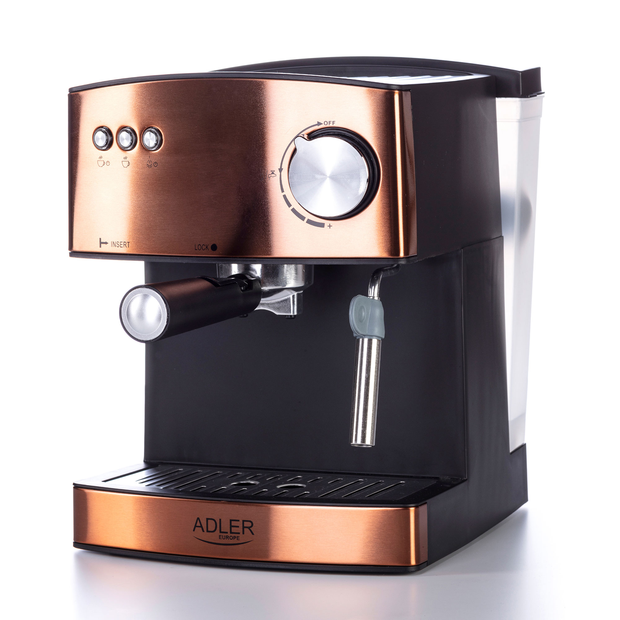 Adler AD 4404CR Cafetera Espresso Automática 15 Bares, Depósito 1,6 L, para Preparar Café Latte, Espresso y Capuccino, Vaporizador para Espumar Leche, Calienta Tazas, Color Cobre, 850W