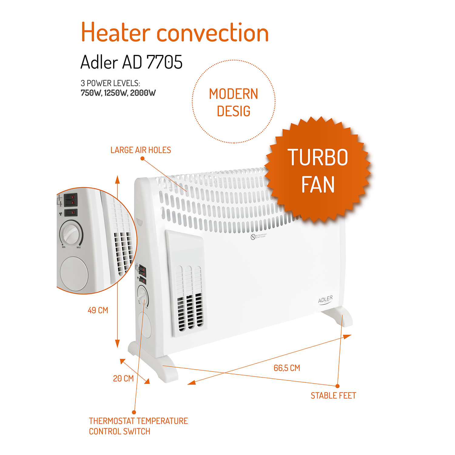 adler ad7705 convector aire caliente con termostato regulable para un bajo consumo,