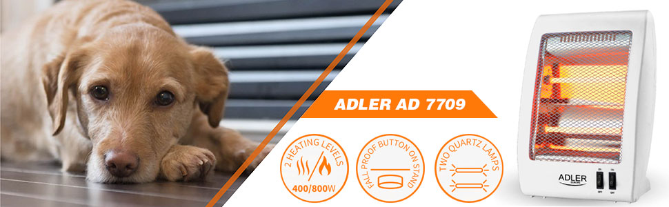 Adler AD7709 Estufa eléctrica de cuarzo portátil, radiador halógeno