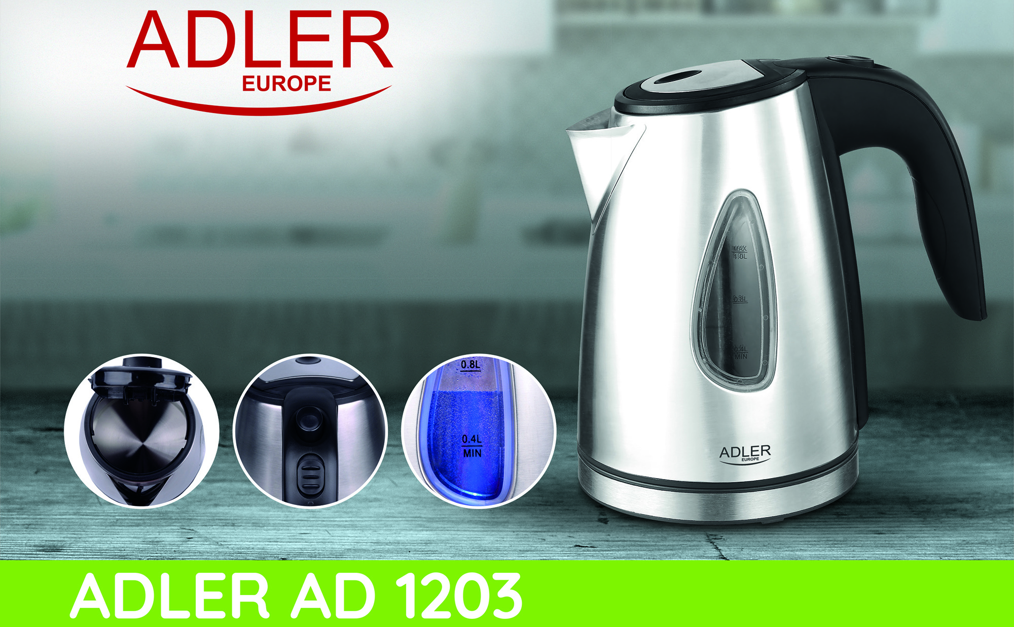 ADLER AD-1203 Stainless steel electric kettle, Backlit 1 liter, automatic lid, anti-lime filter, 360° base, 1600 W