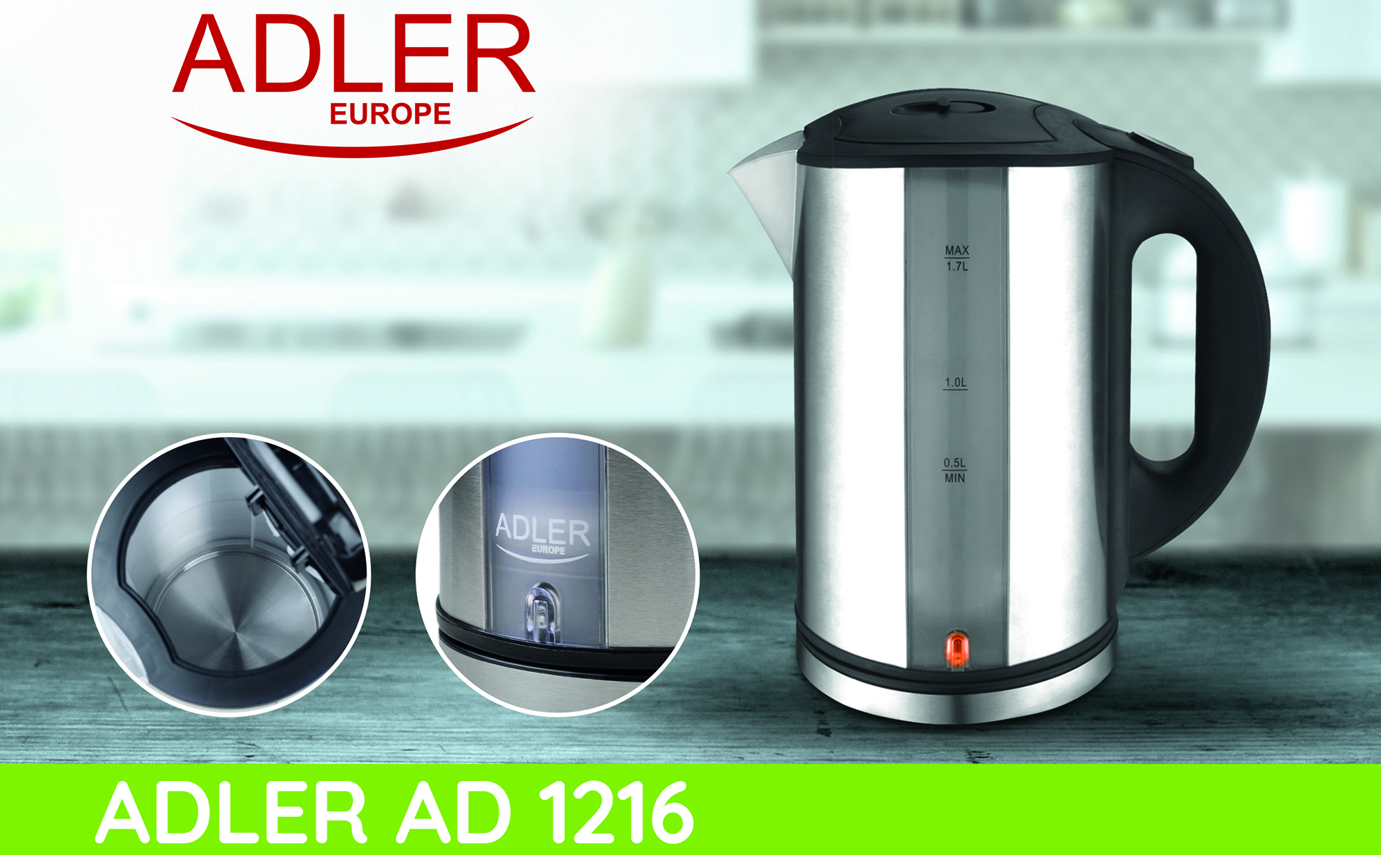 ADLER AD-1216 Hervidor De Agua Eléctrico de Acero Inoxidable. 1,7 Litros, Resistencia Oculta, Iluminado, Filtro Anti cal, Base 360º, 2200W