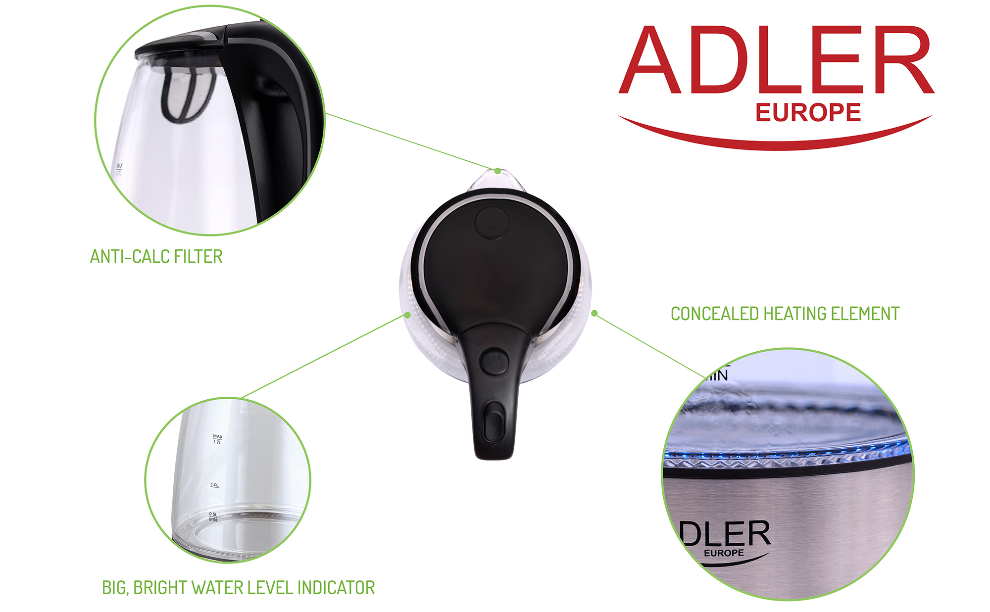 ADLER AD-1225 Hervidor de agua eléctrico cristal 1,7 litros, recipiente sin BPA, resistencia oculta, 2200 W con apagado automático al alcanzar la ebullición, inalámbrico 360º sin cable