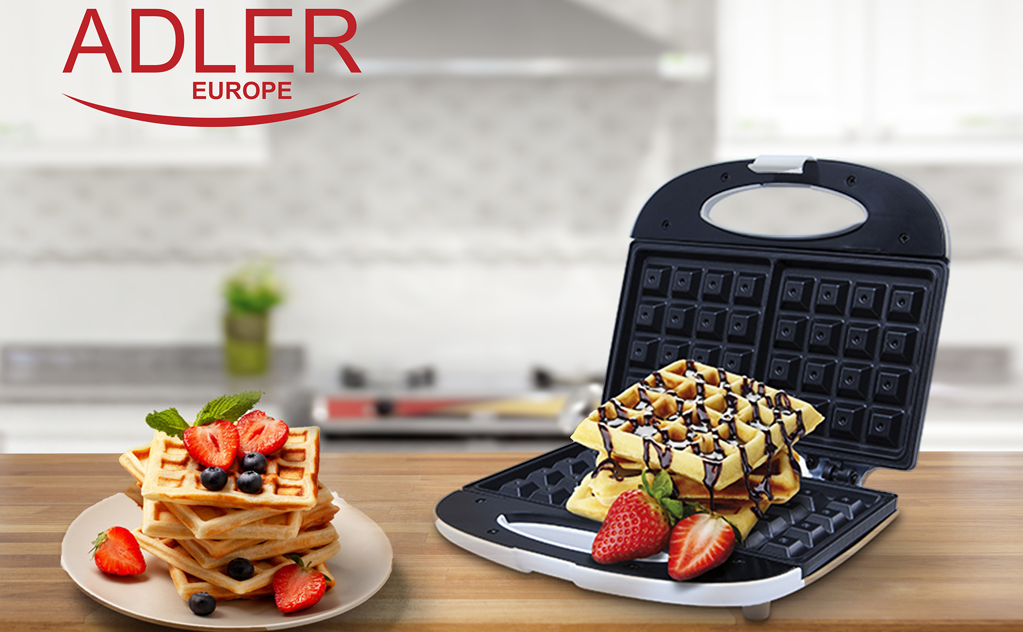 ADLER AD311 Electric waffle iron for 2 thick Belgian waffles, non-stick plates, automatic temperature, Cold Touch housing, 700 W, white