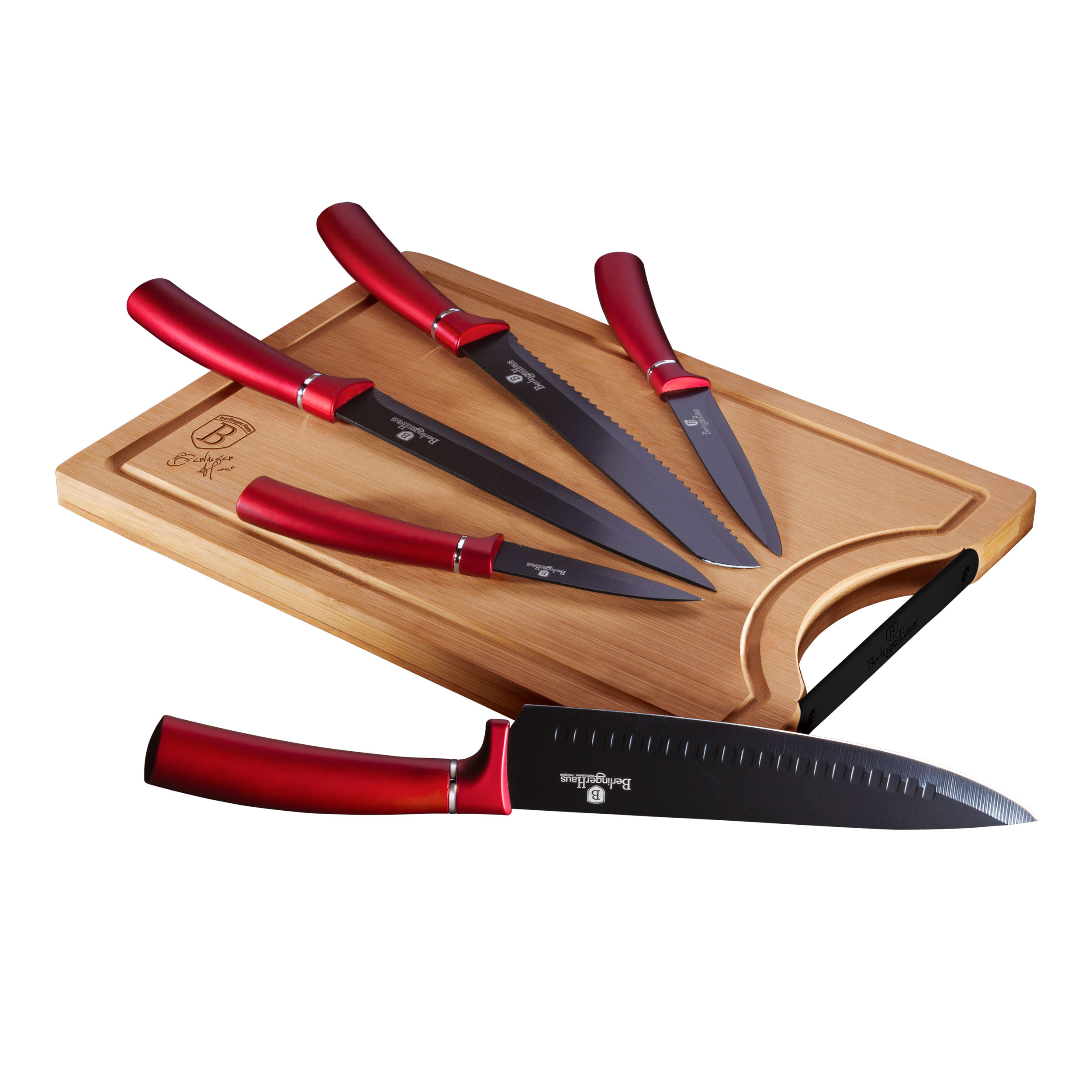 Berlinger Haus Burgundy Juego 5 Cuchillos Cocina Profesional Tabla Cortar Bambú, Hoja Acero Inoxidable Recubrimiento Antiadherente, Cocinero, Cebollero, Pan, Rebanador, Pelar, Diseño Metallic Line