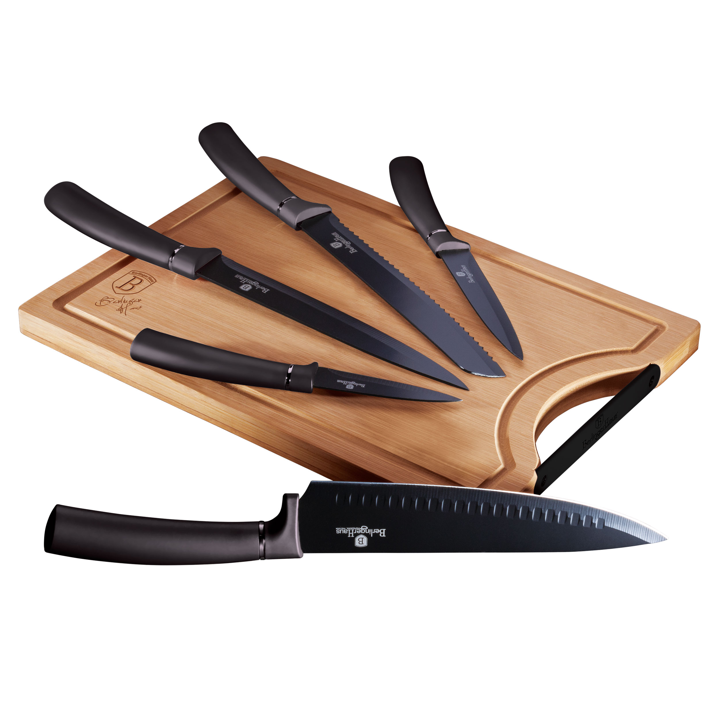 Berlinger Haus Carbon Pro Juego 5 Cuchillos Cocina Profesional Tabla Cortar Bambú, Hoja Acero Inoxidable Recubrimiento Antiadherente, Cocinero, Cebollero, Pan, Rebanador, Pelar, Diseño Metallic Line