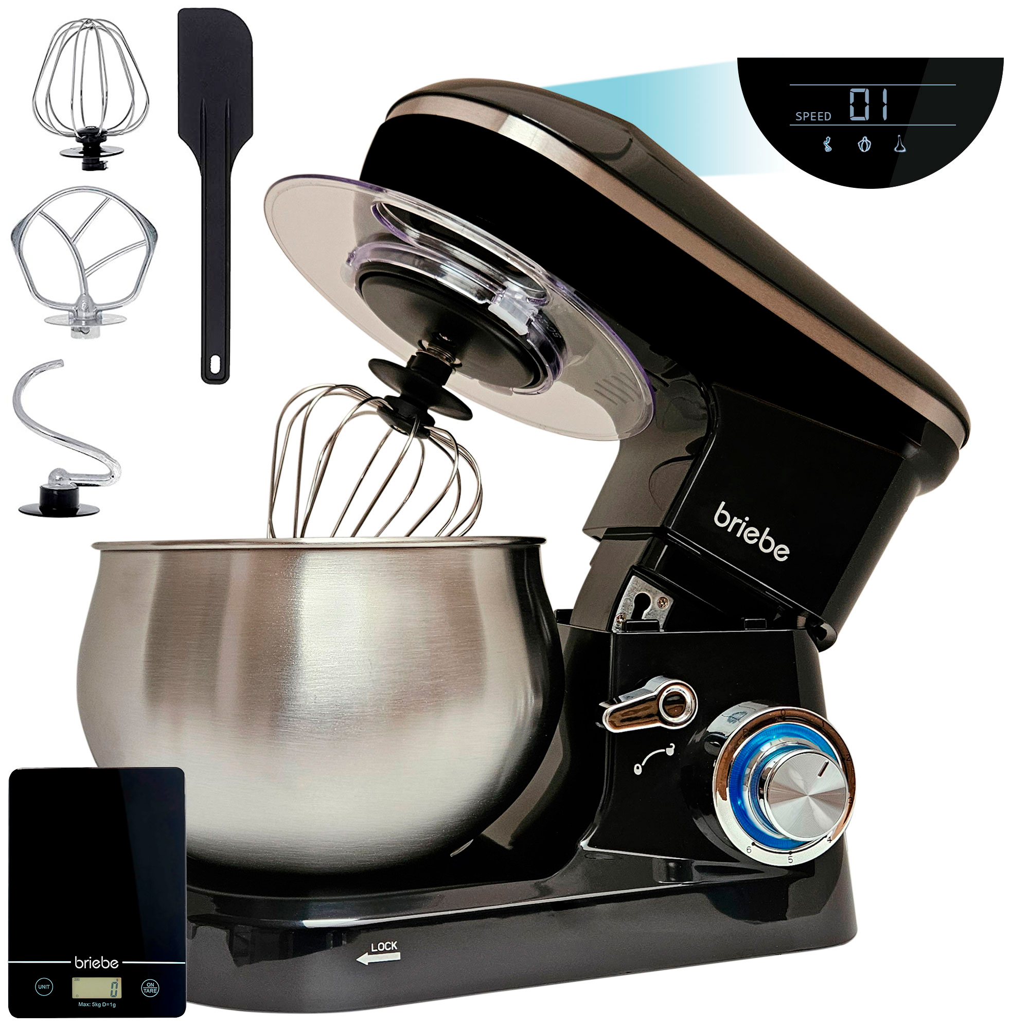 briebe Batidora Amasadora Repostería 1800W MAX, Robot Cocina Profesional+ Báscula, Movimiento Orbital, Varillas, Bol 5 L, 6 Velocidades + Función Pulso, Pantalla Táctil LED, KM1164B