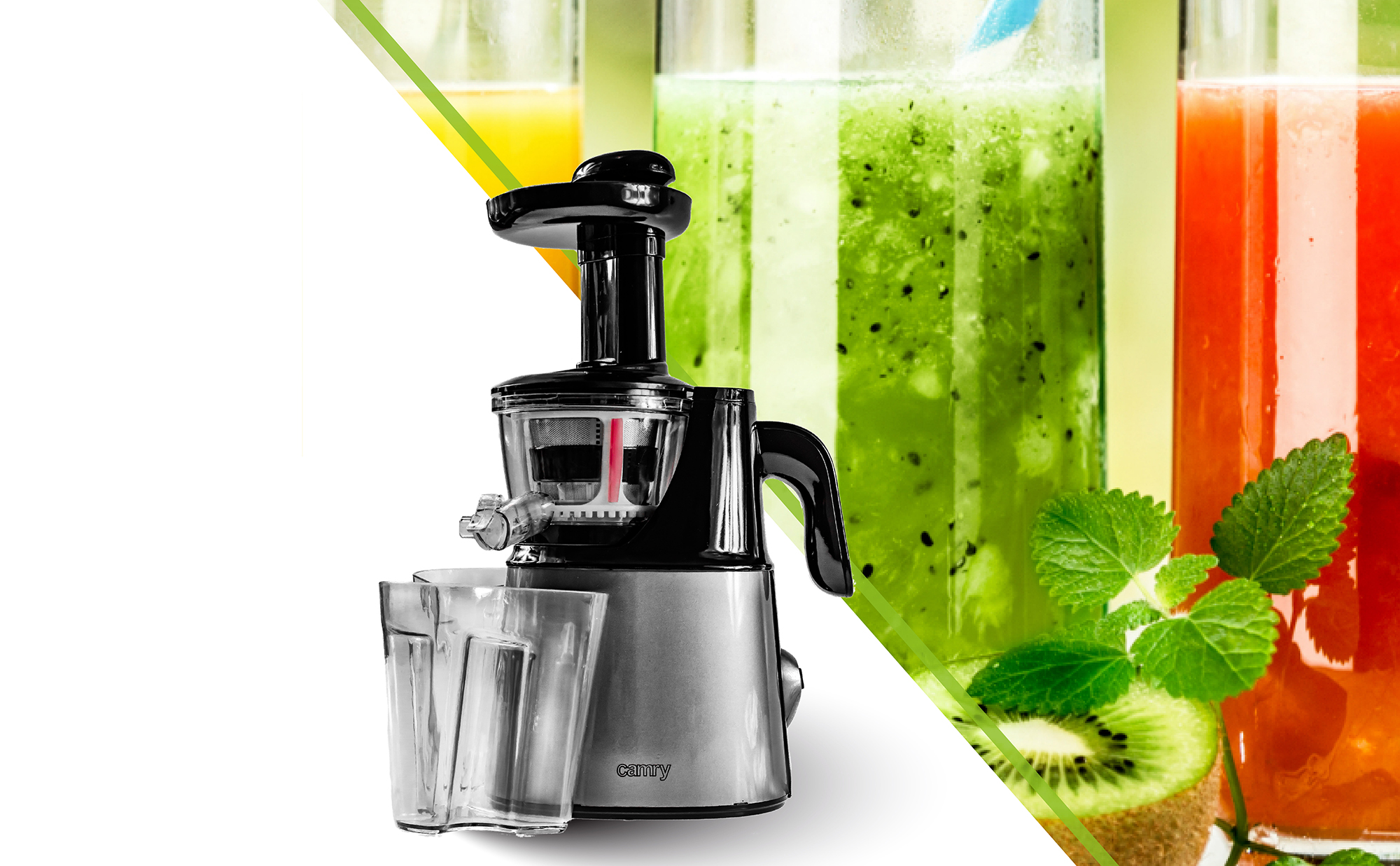 CAMRY CR4120 Licuadora prensado en frío para verduras y frutas, baja velocidad 70 RPM, Slow Juicer, 2 Recipiente de jugo y Pulpa, función inversa, 150W