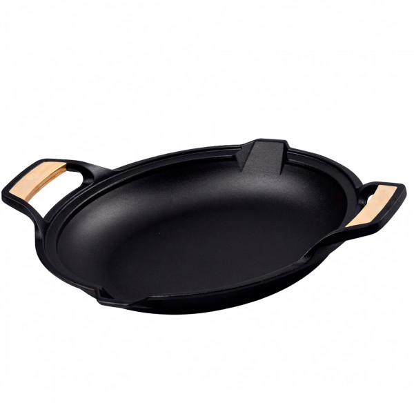 Victoria Paellera Sartén Hierro Fundido Curado Signature Gold Inducción 33cm, Apta Fuego, Barbacoa, Horno, Cast Iron Skillet Curada para Crear Antiadherente Libre de Tóxicos sin PTFE ni PFOA