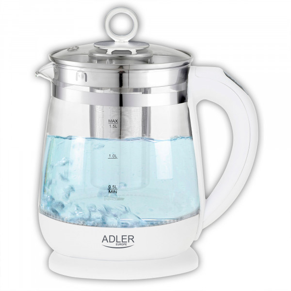 ADLER AD 1299 Hervidor de Agua Eléctrico de Cristal 1,5 Litros, Infusor, Vidrio sin BPA, Retroiluminado, Regulador Temperatura 60 a 100 °C, Apagado Automático, Inalámbrico 360º sin Cable, 2200W