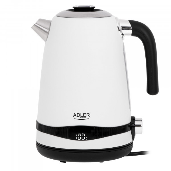 Adler AD1295W Hervidor Agua Eléctrico, Vintage, 1,7 L, sin BPA, Pantalla LCD, Control de Temperatura, Acero Inoxidable, Inalámbrico, Resistencia Oculta, Apagado Automático, 2200W, Blanco