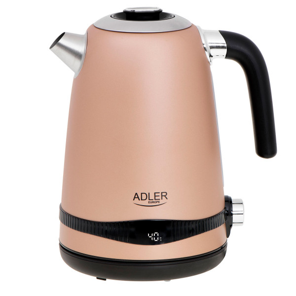 Adler AD1295 Hervidor Agua Eléctrico, Vintage, 1,7 L, sin BPA, Pantalla LCD, de Control de Temperatura, Acero Inoxidable, Inalámbrico, Resistencia Oculta, Apagado Automático, 2200W, Color Champagne