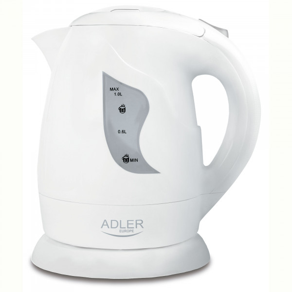 ADLER AD08W Hervidor de Agua Eléctrico 1 Litro, Inalámbrico, sin BPA, sin Cable, Apagado Automático, Base 360º, Filtro Antical, Blanco, 850W