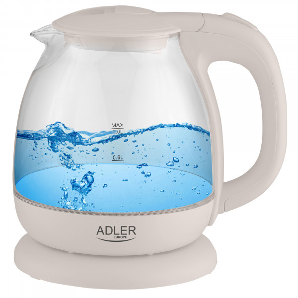 Adler AD1283C Hervidor de Agua Eléctrico de Cristal 1 Litro, Vidrio sin BPA, Retroiluminado, Apagado Automático, Inalámbrico 360º sin Cable, 1100W 