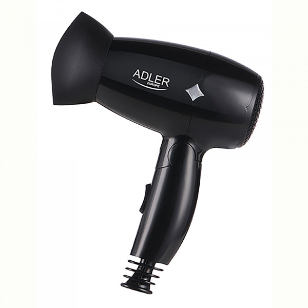 ADLER AD2251 Secador Pelo de Viaje, Plegable, Compacto, 2 Niveles de Potencia, Boquilla Concentradora 360º, 1400W, Negro