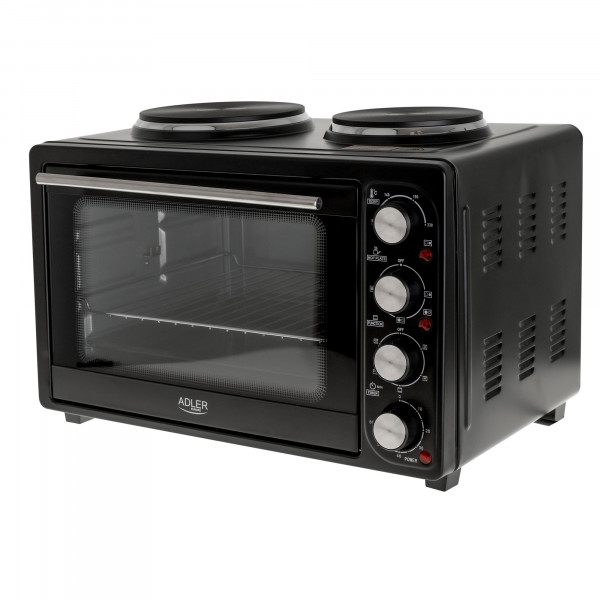 Adler AD 6020 Horno 36L + Cocina Eléctrica Doble de Sobremesa, Interior Acero Inoxidable, Asador de Pollo, 5 Modos de Calor, Temporizador, Ajuste de Temperatura, Negro, 2500W 