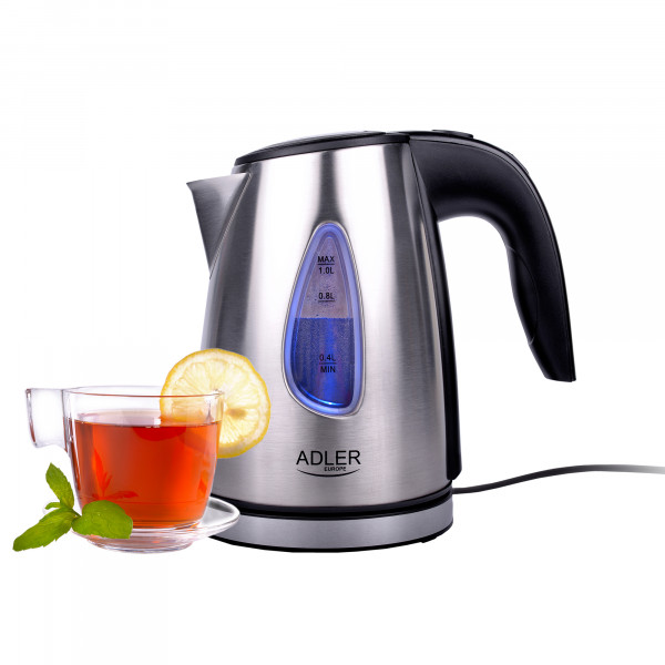 ADLER AD-1203 Hervidor De Agua Eléctrico de Acero Inoxidable, Retroiluminado 1 Litro, Tapa automática, Filtro Anti cal, Base 360º, 1600W