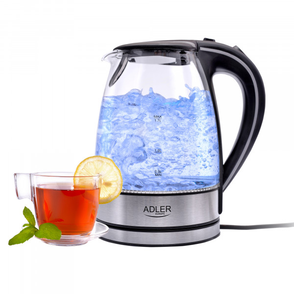 ADLER AD-1225 Hervidor de agua eléctrico cristal 1,7 litros, recipiente sin BPA, resistencia oculta, 2200 W con apagado automático al alcanzar la ebullición, inalámbrico 360º sin cable