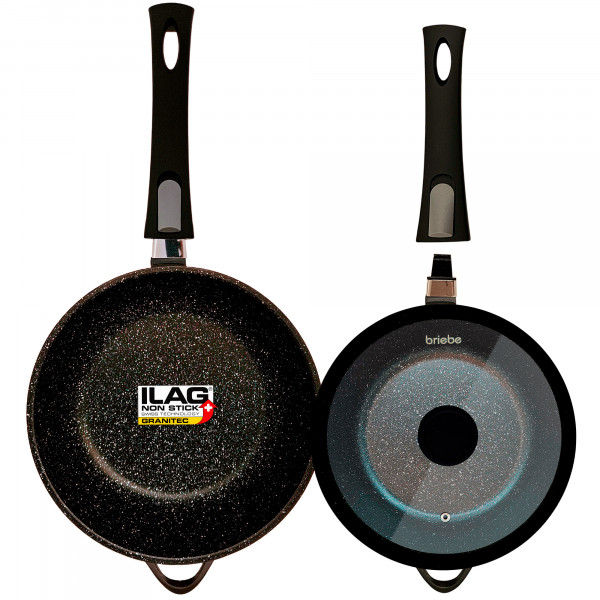 briebe Juego de 2 Sartenes Inducción Antiadherentes, Mango Extraíble Desmontable Hondas 24/ 28 cm, Aluminio Fundido, ILAG GRANITEC sin PFOA, Tapas Cristal, Vitrocerámica, Gas, Horno, MGK-19S