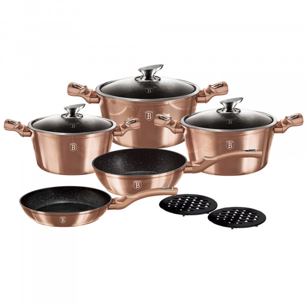 Berlinger Haus Rose Gold Batería Cocina Inducción 10 Piezas, Antiadherente Mármol sin PFOA, Aluminio, Set 3 Cazuelas, 3 Tapas Cristal, 2 Sartenes, 2 Salva Manteles, Diseño Metallic Line, Vitrocerámica, Gas