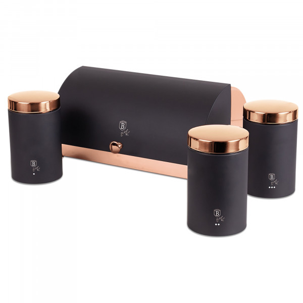 Berlinger Haus Black Rose Set Panera de Mesa + Juego de 3 Botes Cocina Almacenaje, Acero Inoxidable, Contenedor para Guardar Pan y Bollería, Tapa Deslizante, Diseño Moderno, Bread Box, Negro/ Oro Rosa