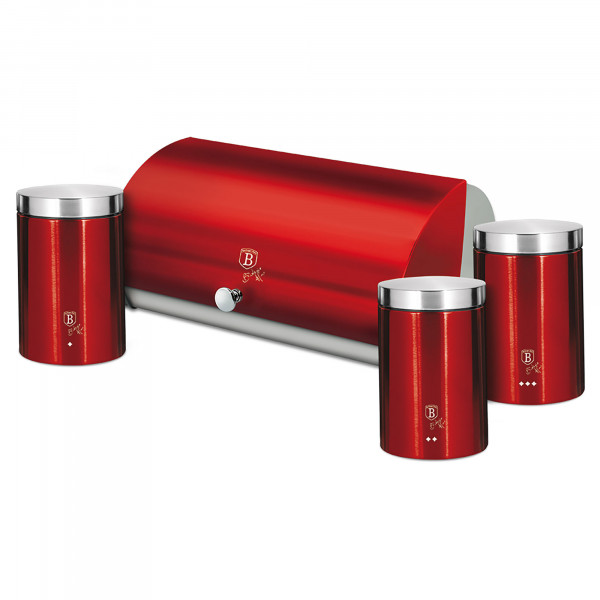 Berlinger Haus Burgundy Set Panera de Mesa + Juego de 3 Botes Cocina Almacenaje, Acero Inoxidable, Contenedor para Guardar Pan y Bollería,Tapa Deslizante, Diseño Moderno, Bread Box, Inox/ Rojo