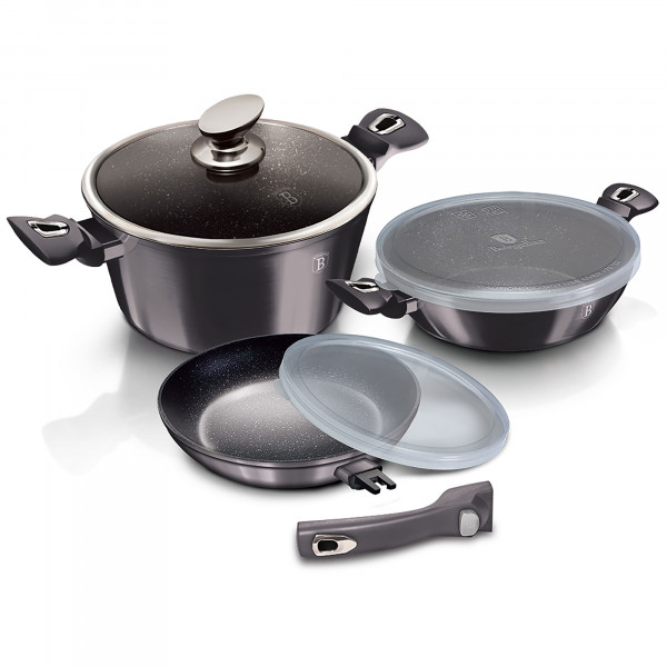 Berlinger Haus Carbon Pro Batería Cocina Inducción 6 Piezas, Antiadherente Ecológico sin PFOA, Aluminio Forjado, Set 2 Cacerolas y Sartén, Tapa Cristal + 2 Tapas Herméticas, Diseño Moderno