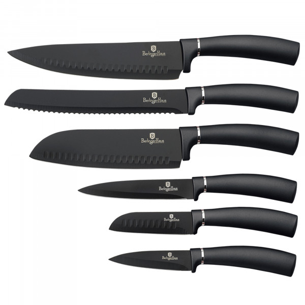 Berlinger Haus Carbon Pro Juego 6 Cuchillos Cocina Profesional, Hoja Acero Inoxidable Recubrimiento Antiadherente, Cocinero, Cebollero, Pan, Santoku, Pelar, Mango Ergonómico, Diseño Metallic Line