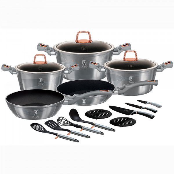 Berlinger Haus Moonlight Batería Cocina Inducción 17 Piezas, Antiadherente Mármol sin PFOA, Aluminio, Set 3 Cazuelas, 3 Tapas Cristal, 2 Sartenes, 3 Cuchillos, 4 Utensilios, 2 Salvamanteles, Diseño