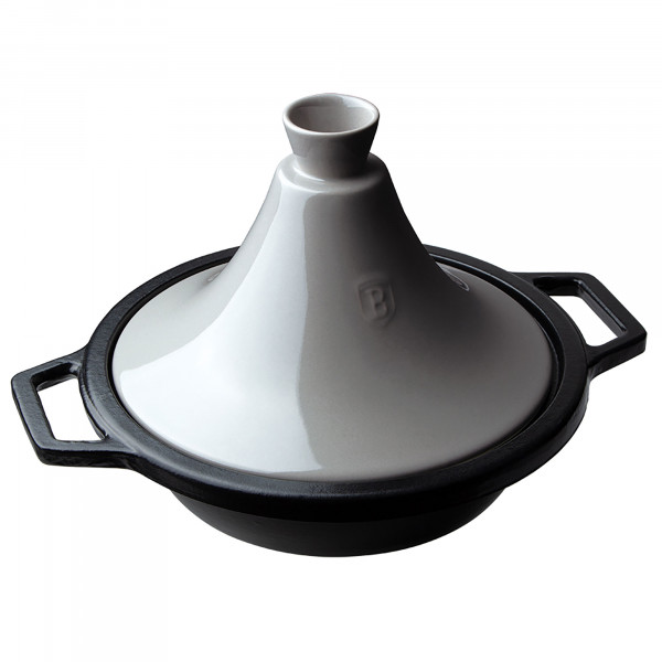 Berlinger Haus Strong Mold Tajine Marroquí Hierro Fundido Esmaltado 22 cm, Inducción, Tapa Cónica Cerámica, Apto para Todas las Fuentes de Calor Gas, Vitrocerámica, Horno, Gris / Negro