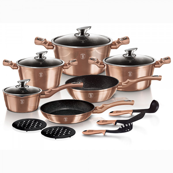 Berlinger Haus Rose Gold Batería Cocina Inducción 15 Piezas, Antiadherente Titanio sin PFOA, Aluminio, Set 3 Cazuelas, 4 Tapas Cristal, 1 Cazo, 2 Sartenes, 3 Utensilios, 2 Salva Manteles, Vitrocerámica