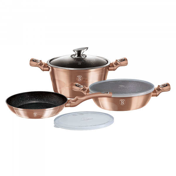 Berlinger Haus Rose Gold Batería Cocina Inducción 6 Piezas, Antiadherente Ecológico sin PFOA, Aluminio Forjado, Set 2 Cacerolas y Sartén, Tapa Cristal + 2 Tapas Herméticas, Diseño Metallic Line