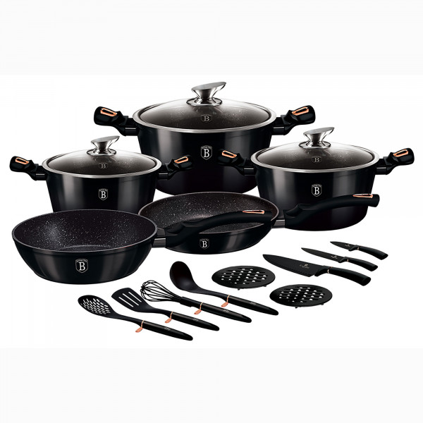 Berlinger Haus Shyny Black Batería Cocina Inducción 17 Piezas, Antiadherente Mármol sin PFOA, Aluminio, Set 3 Cazuelas, 3 Tapas Cristal, 2 Sartenes, 3 Cuchillos, 4 Utensilios, 2 Salvamanteles, Diseño