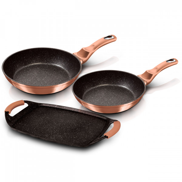 Berlinger Haus Rose Gold Juego 2 Sartenes y Plancha Asar Inducción 22-26cm 36x23cm, Aluminio Forjado, Antiadherente Ecológico Marmol sin PFOA, Diseño Metallic Line, Asas Silicona, Vitrocerámica, Gas