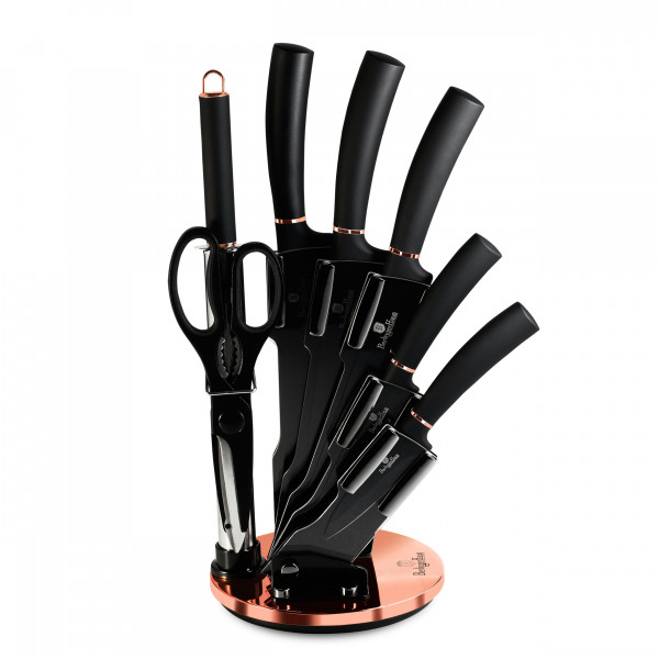 Berlinger Haus Black Rose Juego Cuchillos Cocina Profesional 8 piezas, Acero Inoxidable Recubrimiento Antiadherente, Soporte Acrílico, Cocinero, Cebollero, Santoku, Chaira, Tijeras, Diseño Moderno