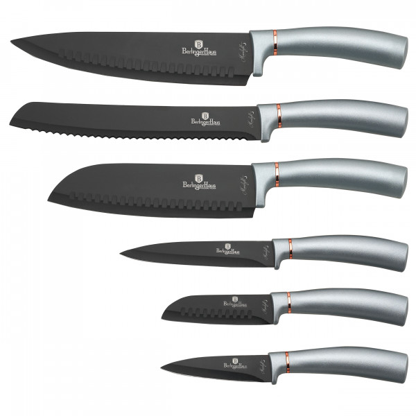 Berlinger Haus Moonlight Juego 6 Cuchillos Cocina Profesional, Hoja Acero Inoxidable Recubrimiento Antiadherente, Cocinero, Cebollero, Pan, Santoku, Pelar, Mango Ergonómico, Diseño Elegante