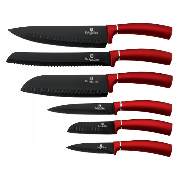 Berlinger Haus Burgundy Juego 6 Cuchillos Cocina Profesional, Hoja Acero Inoxidable Recubrimiento Antiadherente, Cocinero, Cebollero, Pan, Santoku, Pelar, Mango Ergonómico, Diseño Metallic Line Rojo