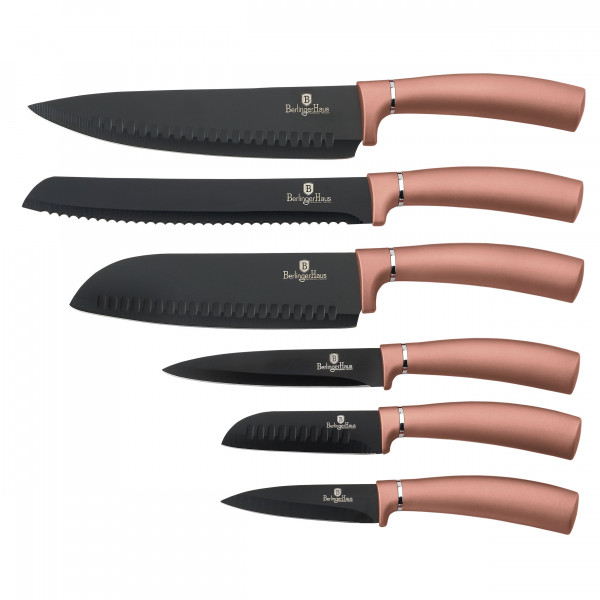 Berlinger Haus Rose Gold Juego 6 Cuchillos Cocina Profesional, Hoja Acero Inoxidable Recubrimiento Antiadherente, Cocinero, Cebollero, Pan, Santoku, Pelar, Mango Ergonómico, Diseño Metallic Line