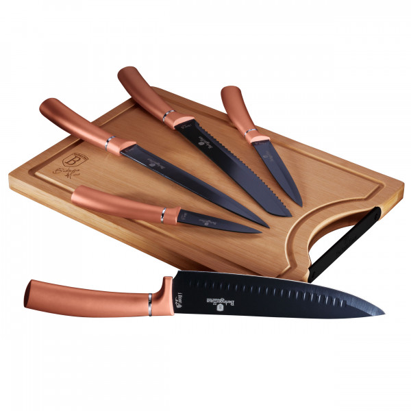 Berlinger Haus Rose Gold Juego 5 Cuchillos Cocina Profesional Tabla Cortar Bambú, Hoja Acero Inoxidable Recubrimiento Antiadherente, Cocinero, Cebollero, Pan, Santoku, Pelar, Diseño Metallic Line