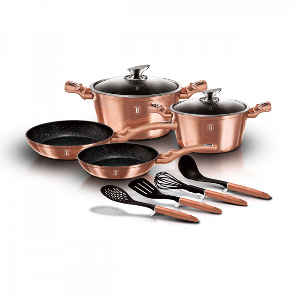 Berlinger Haus Rose Gold Batería Cocina Inducción 10 Piezas, Antiadherente Marmol sin PFOA, Aluminio, Set 2 Cazuelas 2 Tapas Cristal, 2 Sartenes, 4 Utensilios, Diseño Metallic Line, Vitrocerámica