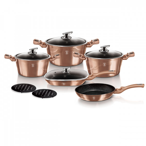 Berlinger Haus Rose Gold Batería Cocina Inducción 11 Piezas, Antiadherente Marmol sin PFOA, Aluminio, Set 3 Cazuelas, 4 Tapas Cristal, 2 Sartenes, 2 Salva Manteles, Diseño Metallic Line, Vitrocerámica