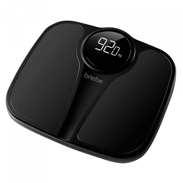 briebe Báscula de Baño Digital, Alta Precisión, Pantalla LED, hasta 180Kg, Diseño Moderno, Encendido y Apagado Automático, Superficie Antideslizante, Negro, SC1124B