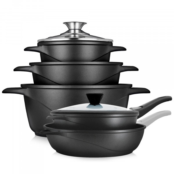 briebe Batería Cocina Inducción 10 Piezas, Juego 3 Ollas Aluminio Fundido + 2 Sartenes, Antiadherente ILAG GRANITEC sin PFOA, Set Cazuelas Tapas Cristal, Guantes Silicona, Vitrocerámica, Gas, Horno