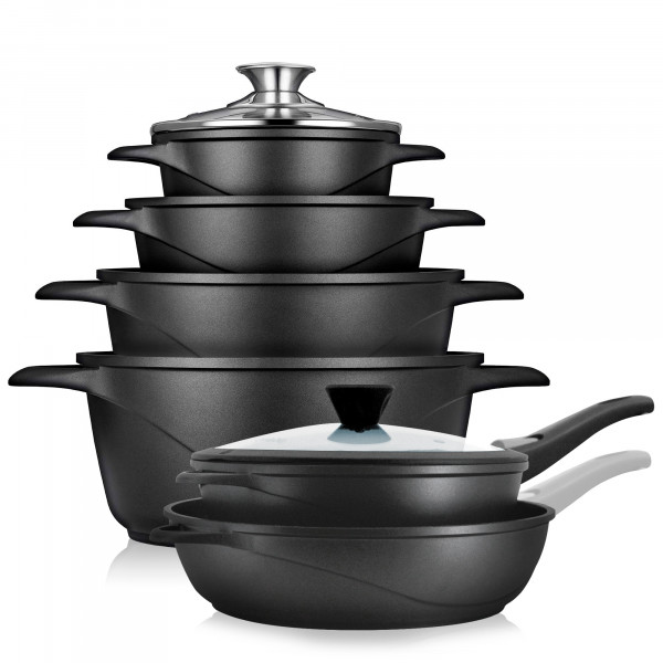 briebe Batería Cocina Inducción 12 Piezas, Juego 4 Ollas Aluminio Fundido + 2 Sartenes, Antiadherente ILAG GRANITEC sin PFOA, Set Cazuelas Tapas Cristal, Guantes Silicona, Vitrocerámica, Gas, Horno