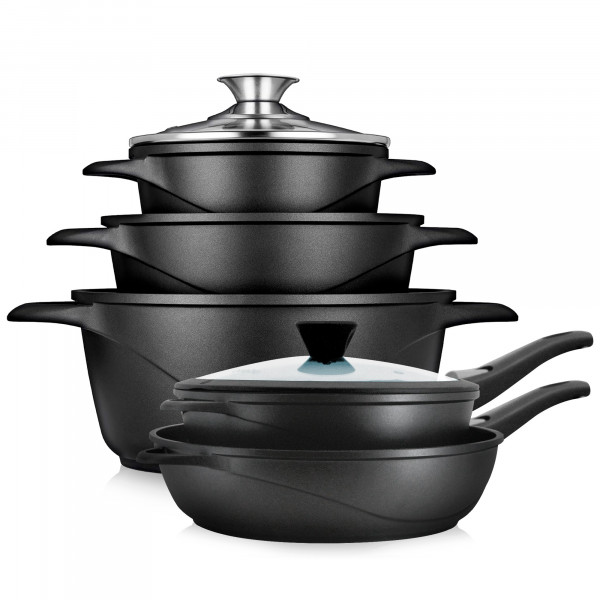 briebe Batería Cocina Inducción 10 Piezas, Juego 3 Ollas Aluminio Fundido + 2 Sartenes, Antiadherente ILAG GRANITEC sin PFOA, Set Cazuelas Tapas Cristal, Guantes Silicona, Vitrocerámica, Gas, Horno