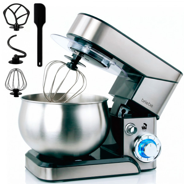 briebe Batidora Amasadora Repostería 1800W MAX, Robot Cocina Profesional, Movimiento Orbital, Varillas, Gancho Masa, Pala Mezcladora, 5 L, 6 Velocidades + Función Pulso, Inox KM1114