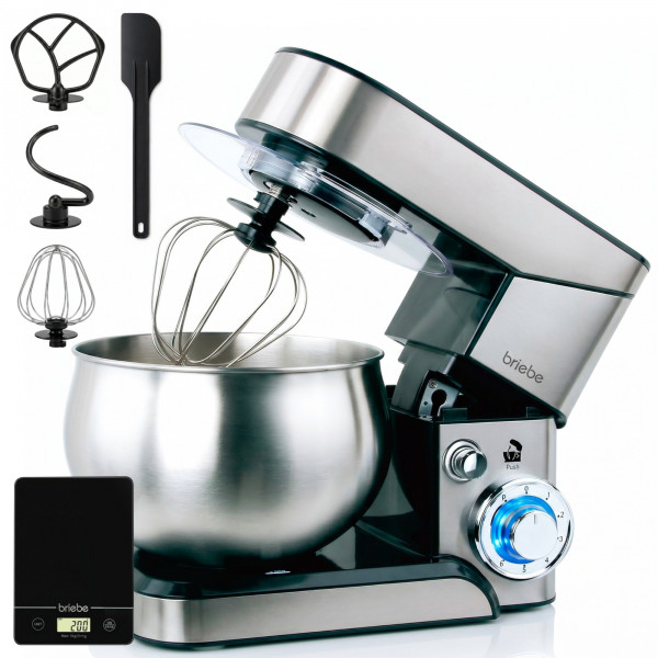briebe Batidora Amasadora Repostería 1800W MAX, Robot Cocina Profesional + Báscula, Movimiento Orbital, Varillas, Gancho Masa, Bol 5 L, 6 Velocidades + Función Pulso, Inox KM1114B 