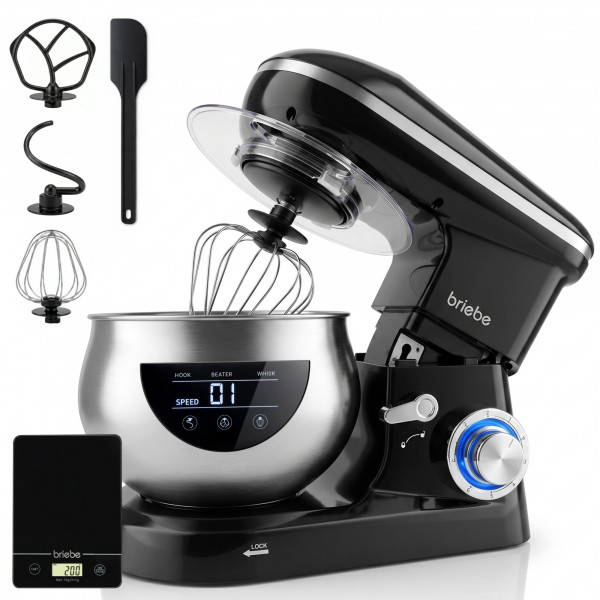 briebe Batidora Amasadora Repostería 1800W MAX, Robot Cocina Profesional+ Báscula, Movimiento Orbital, Varillas, Bol 5 L, 6 Velocidades + Función Pulso, Pantalla Táctil LED, KM1164B 