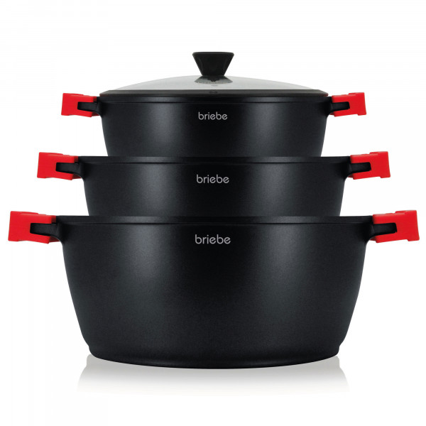 briebe Black Titanium Batería Cocina Inducción 6 Piezas Antiadherente Titanio, Juego 3 Ollas Aluminio Fundido sin PFOA, Set Cazuelas Tapas Cristal, Asas Silicona Extraíbles, Vitrocerámica, Gas, Horno